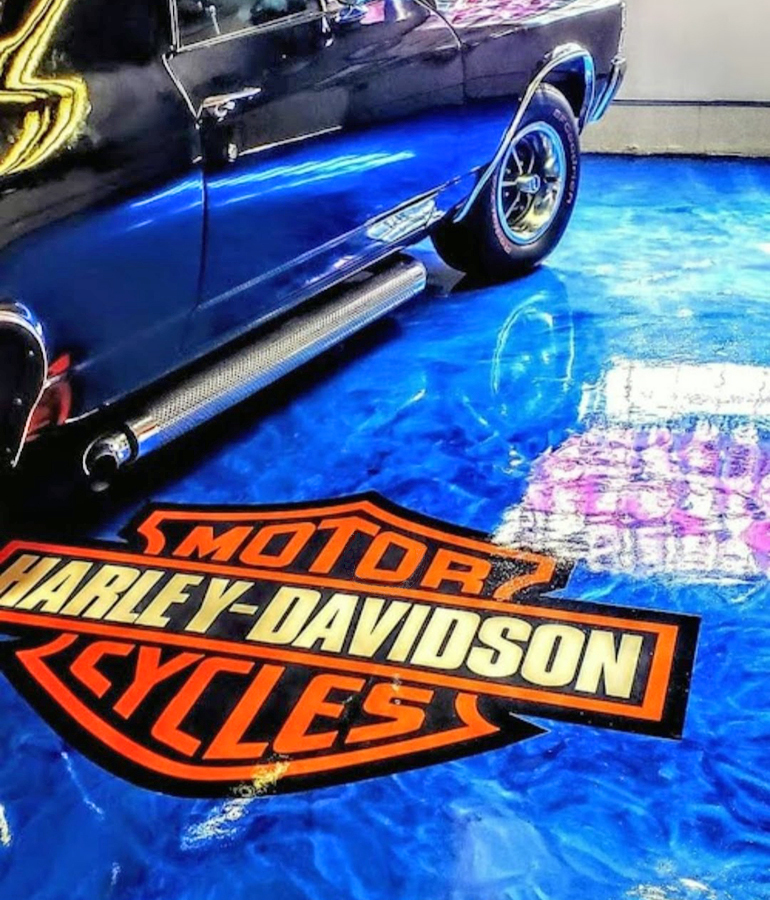 Custom Harley Davidson Graphic Embedded in Blue Metallic Epoxy Garage Floor